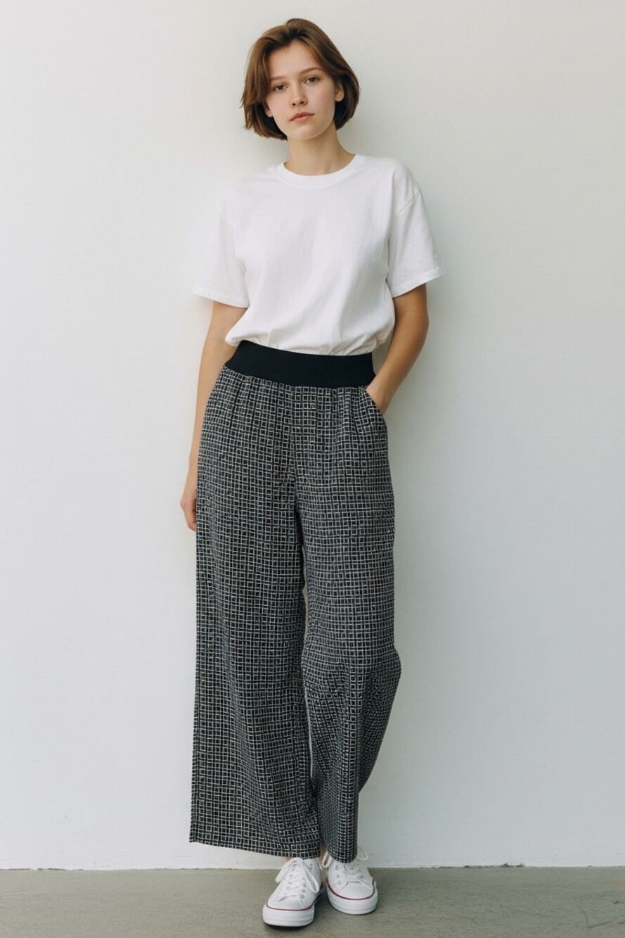 Adrienne Vittadini Womens Wide Leg Pants Size M Black White Geo Print